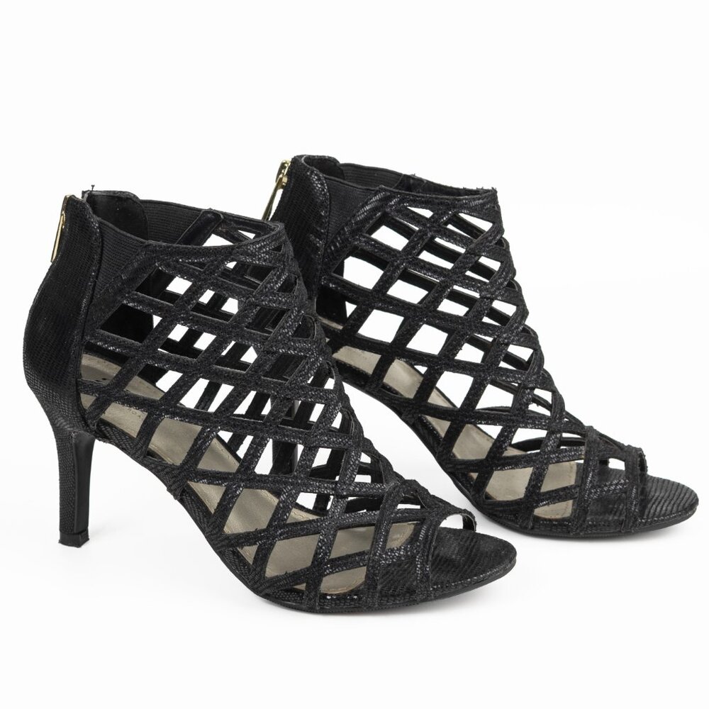a.n.a Caroline Black Lattice Design Peep Toe High Heel Sandals Black 6.5